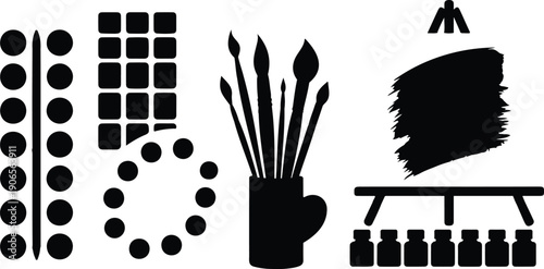 Painting Art Supplies Vector Set  Brushes, Paint Tubes, Palettes & Easel