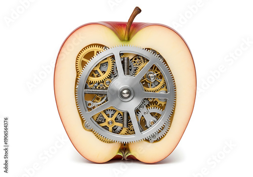 Bio-Tech Apple: Cross-Section Revealing Complex Brass and Silver Clockwork Mechanism Isolated on White.