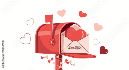Flat lay illustration of a red mailbox with an envelope and heart emerging, surrounded by floating hearts in various shades of pink and red on a white background.