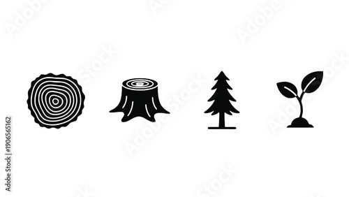 Tree icon set including log, stump, pine and seedling vector illustrations
