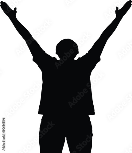 A person standing with arms raised in triumph or celebration on white background