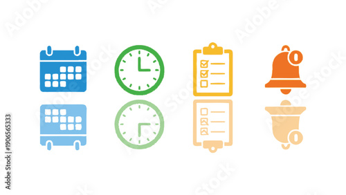 A colorful icon illustration of time management and scheduling tools