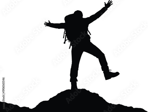A triumphant hiker standing on a mountain peak with arms outstretched in victory and freedom