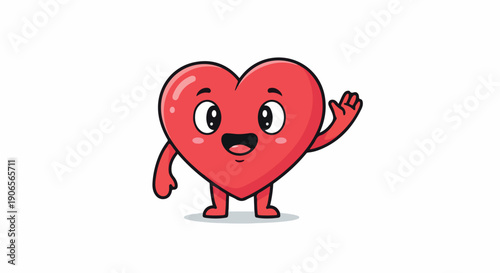 A cheerful cartoon heart character waving with a friendly smile on a plain white background with bright red color.