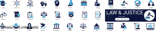 Law and Justice Solid Icon Set Legal, Attorney, Court, Gavel, Scale, Legislation, Compliance, Rights, Decree, Judiciary Professional Vector Set Editable