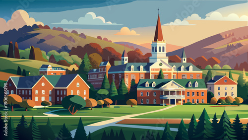 Very beautiful timeless view of Dartmouth College, USA, reflecting the prestige of American higher education through classic architecture and serene surroundings.