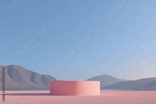 A pink building with a blue sky in the background