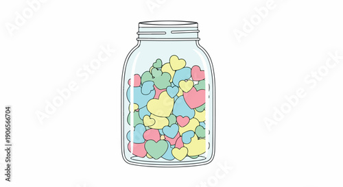 Colorful illustration of a glass jar filled with pastel candy hearts on a plain white background.