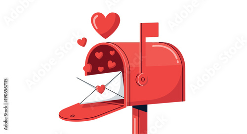 Illustration of a red mailbox with hearts spilling out, on a white background, conveying love and affection.