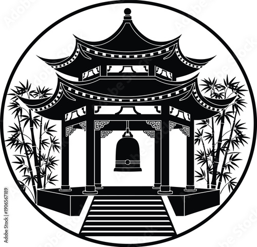 Vector illustration of traditional East Asian pagoda pavilion with hanging bell and bamboo plants, cultural heritage architecture artwork symbolizing spirituality and tranquility.