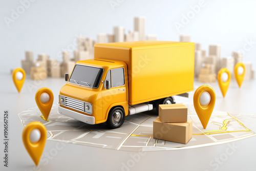 A yellow delivery truck is parked on a map with cardboard boxes. Location pins are scattered around, symbolizing logistics and transportation.