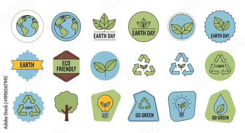 Vector set of green eco icons featuring leaves and nature symbols like trees and water for sustainable environment logo design and recycling signs