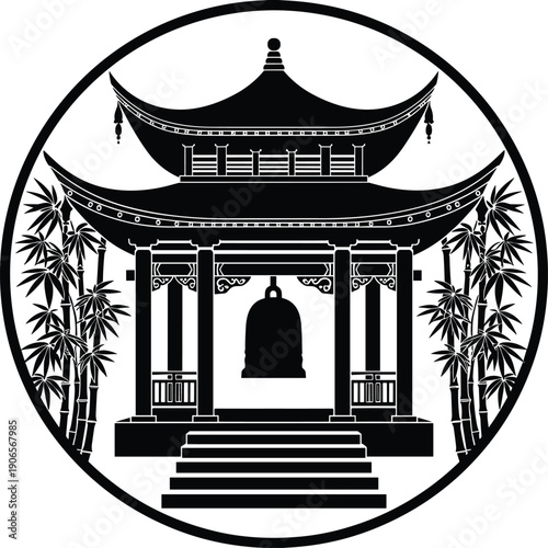 Vector illustration of traditional East Asian pavilion with hanging bell and bamboo plants, cultural heritage architecture artwork symbolizing spirituality and tranquility.