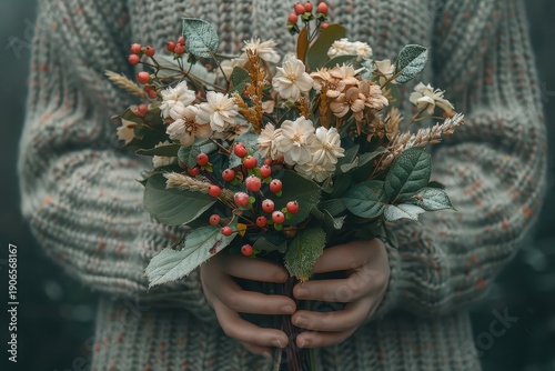 Hands holding a bouquet of dried flowers.