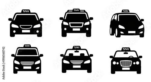 Collection of six black taxi car icons on white background.