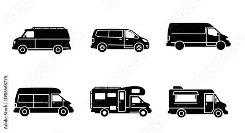 Collection of six black van and camper van silhouettes.
