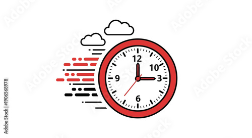 Illustration of a speeding clock with motion lines and clouds