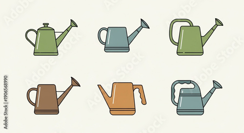 Collection of six colorful watering cans for garden use.