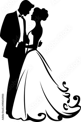Elegant wedding couple silhouette bride in a flowing gown and groom in a tuxedo romantic embrace for invitations and design