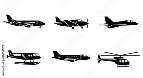 Collection of six different aircraft silhouettes including airplanes and helicopter.