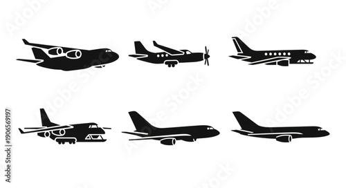 Collection of six different airplane silhouettes in black and white.