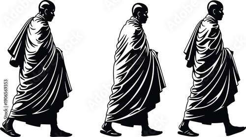 Vector illustration of walking monk silhouettes in traditional robe attire, spiritual meditation journey concept, cultural heritage design for religion and art.