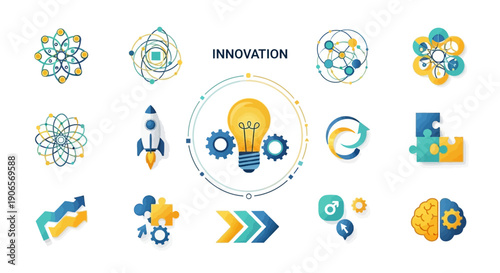 Innovative concepts illustrated through various icons and graphics representing technology and creativity