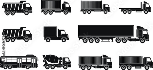 Black and white truck silhouettes set showing cargo, delivery, construction and transport vehicles, commercial logistics fleet illustration isolated on white background design
