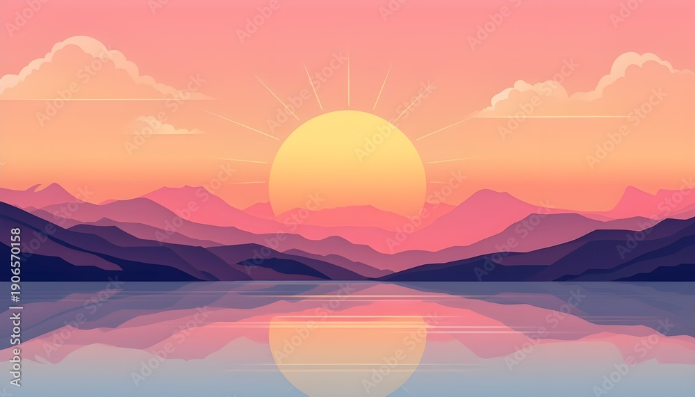 Obraz premium Layered paper-cut sunset landscape with mountains, pastel gradient colors, flat vector style.