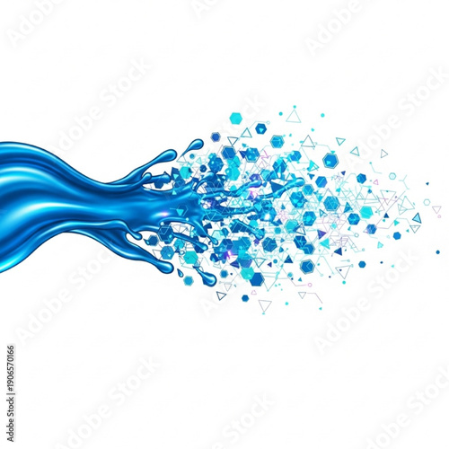 Blue Liquid Splashing into Droplets on White Background