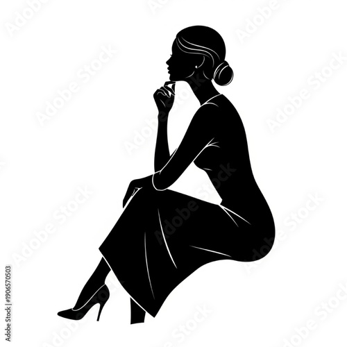Thoughtful Woman Sitting in Contemplation Silhouette Illustration