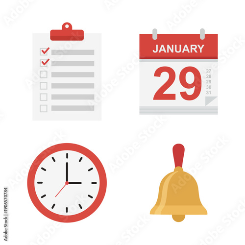 Daily schedule icons with calendar checklist clock and school bell for time management.