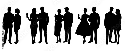 Silhouettes of couples and individuals in formal attire against a transparent background