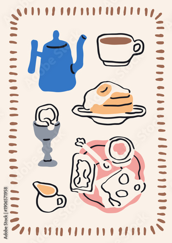 Breakfast card in frame. Morning coffee cup, egg, pancakes, cheese plate and ...
