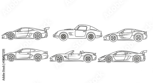 Collection of six sports car sketches in black and white.