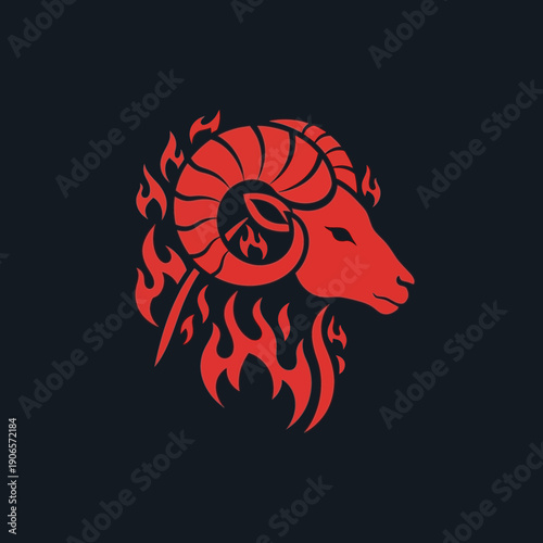 Red Ram Head with Flames Illustration.