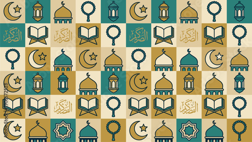 Islamic Geometric Pattern & Icons: Mosque, Quran, Lantern, Crescent Moon, Star