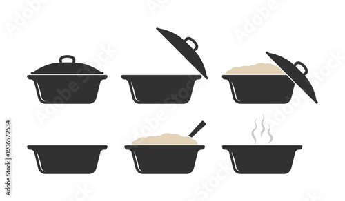 Cooking pot icons showing cooking process without background.