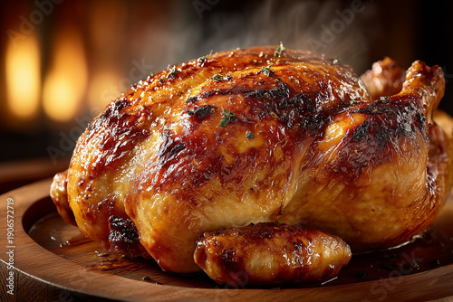 Whole roast chicken on wooden platter.