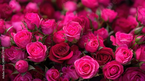A vibrant bouquet of pink roses with green stems and leaves.