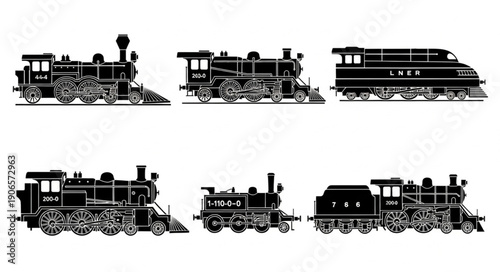Collection of six different train silhouettes in black and white.