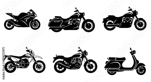 Collection of six different types of motorcycles and scooters.