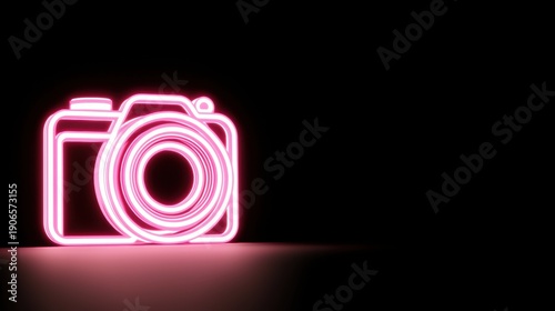Neon pink camera icon on a black background.