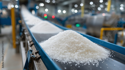 Industrial Sugar Production: Conveyor belts transport mountains of processed granulated sugar in a factory setting, highlighting the efficiency and scale of the sweet treat manufacturing process.