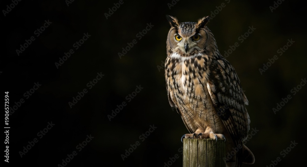 Fototapeta premium EAGLE-OWL perched on a wooden post, dark background