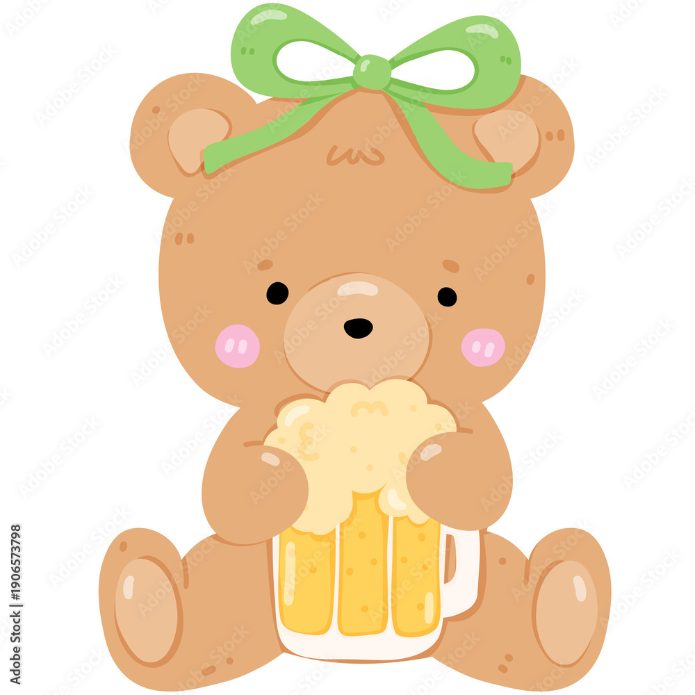 Obraz premium Cute Teddy Bear with Pink Bow Holding a Foamy Mug of Beer, St. Patrick's Day Celebration Cartoon