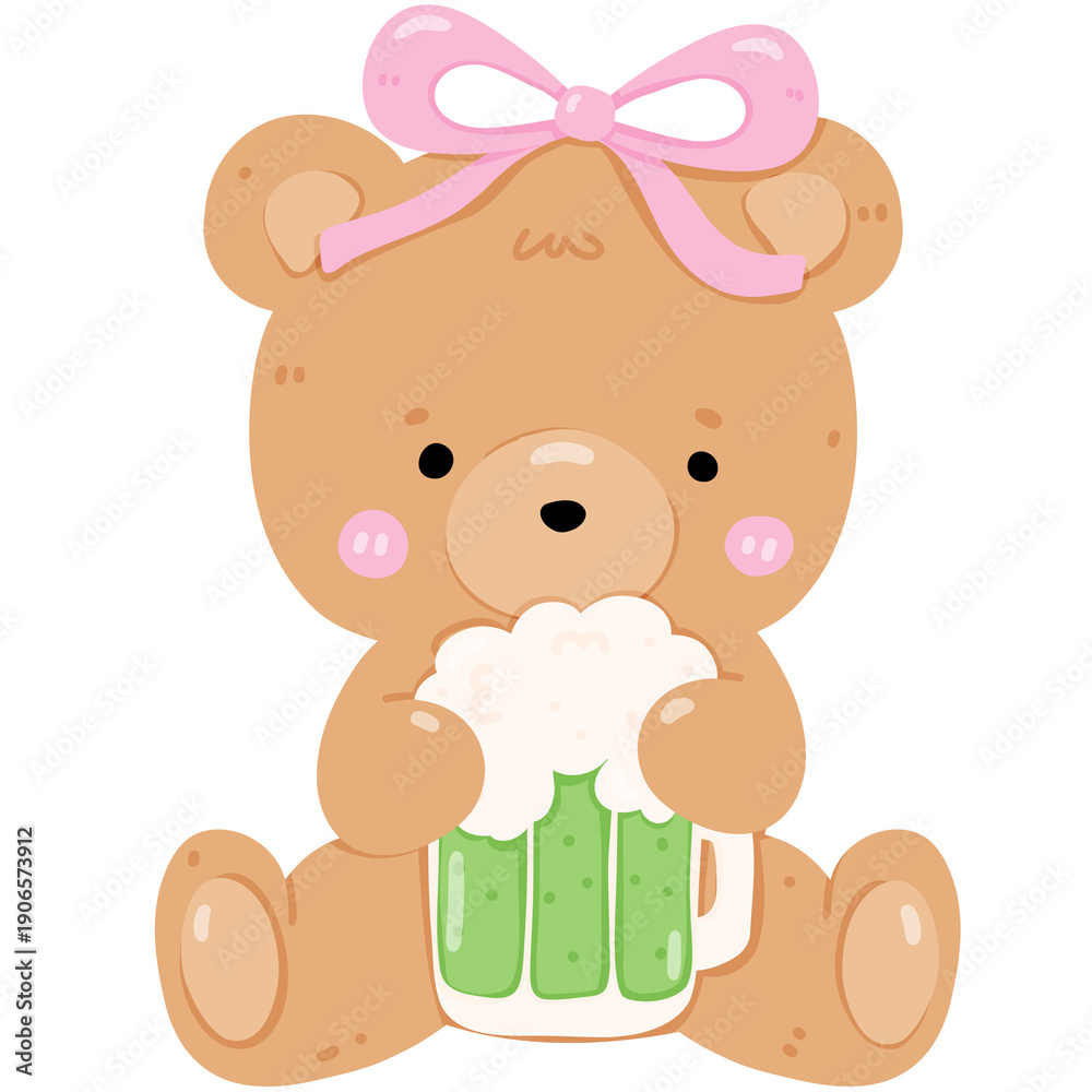 Fototapeta premium Cute Teddy Bear with Pink Bow Holding a Foamy Mug of Beer, St. Patrick's Day Celebration Cartoon