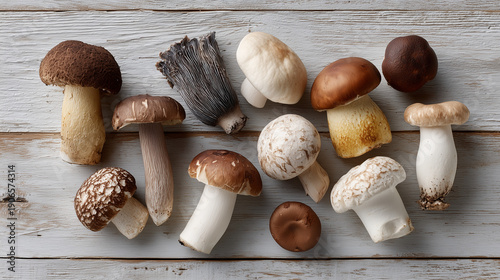 Mushroom Varieties on Wooden Surface: A vibrant selection of fresh mushrooms artfully arranged on a rustic wooden surface, showcasing diverse textures and forms.