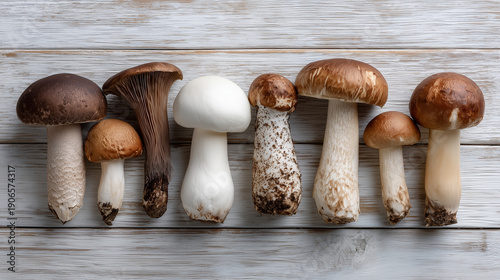 Assortment of Edible Mushroom: A collection of diverse edible mushrooms, showcasing various shapes, sizes, and colors, artfully arranged on a textured surface, ready to be prepared.