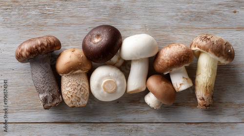 Culinary Mushroom Medley: An assortment of fresh, culinary mushrooms, each boasting unique textures and earthy tones, is artfully arranged on a rustic wooden surface.